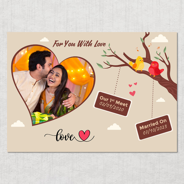 Custom Couple Love Birds and Hearts Design Custom Landscape Love Story Photo Frame