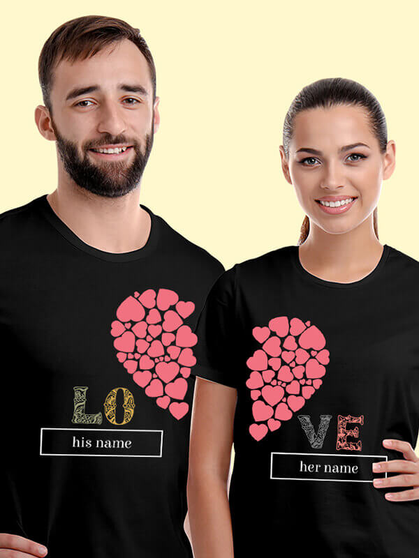 Custom Half Heart Shaped Valentine Couples T Shirt Black Color
