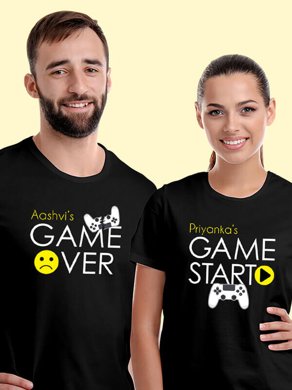 Custom Game Start Game Over Theme with Name On Black Color Customized Couple T-Shirt
