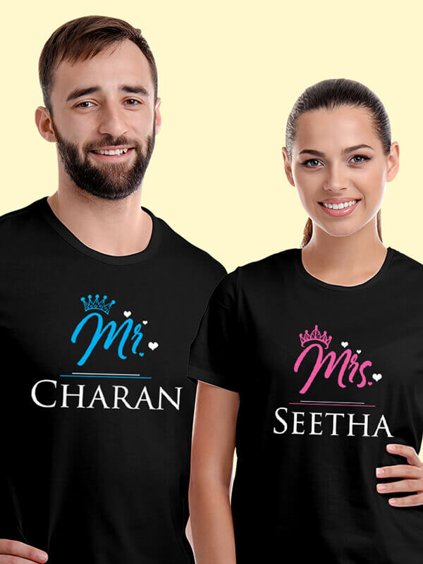 Custom Mr and Mrs with Names On Black Color Personalized Couple Tees