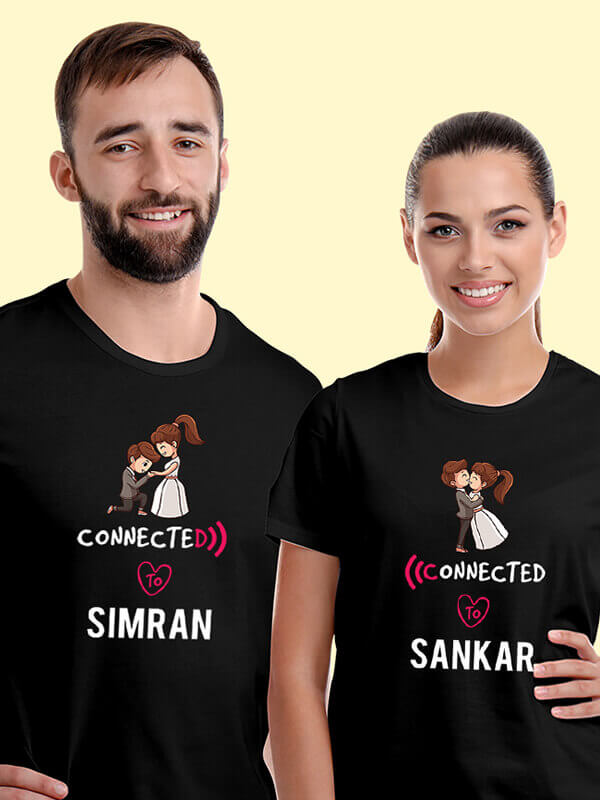 Custom Connected to with Names On Black Color Customized Couple T-Shirt