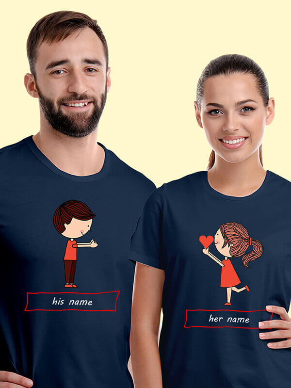 Custom Valentines Day Girl Proposing Love Couples T Shirt Navy Blue Color