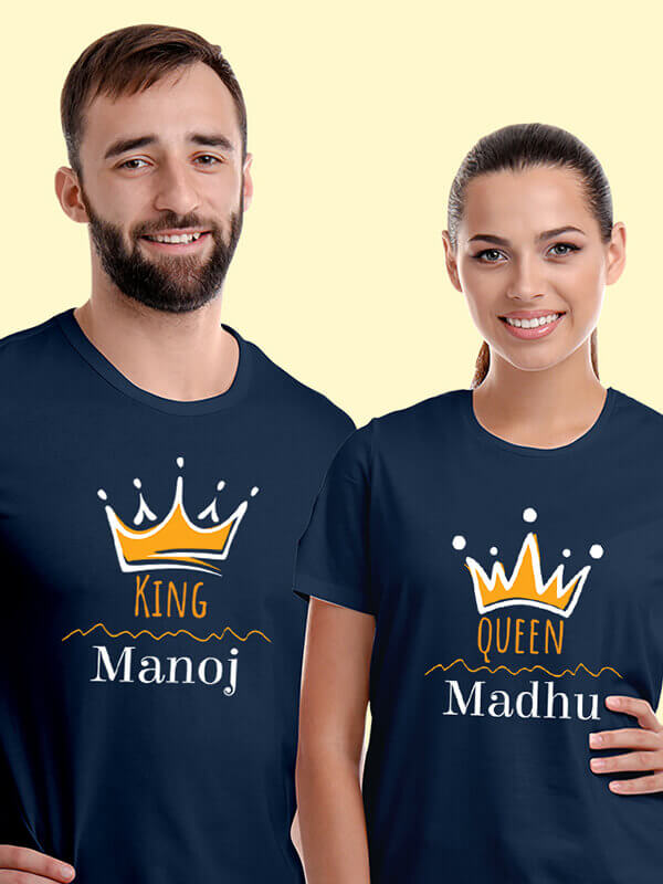 Custom Queen and King with Couple Name On Navy Blue Color Customized Couple Tshirt