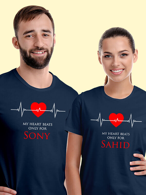 Custom Heart Beat Theme On Navy Blue Color Personalized Couple Tshirt