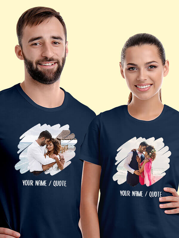 Custom Your Photo with Text On Navy Blue Color Customized Couple T-Shirt