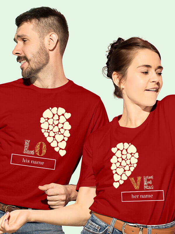Custom Half Heart Shaped Valentine Couples T Shirt Red Color
