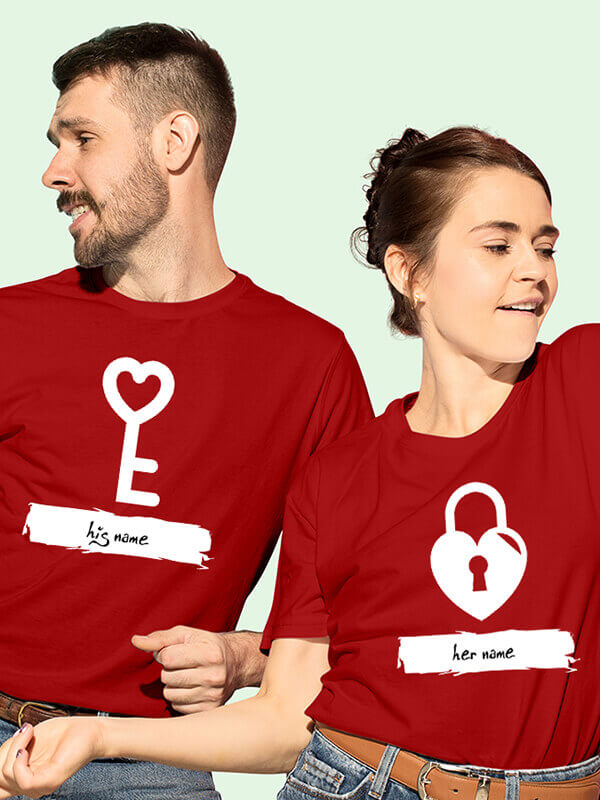 Custom Romantic Heart Lock And Vertical Key Couples T Shirt Red Color