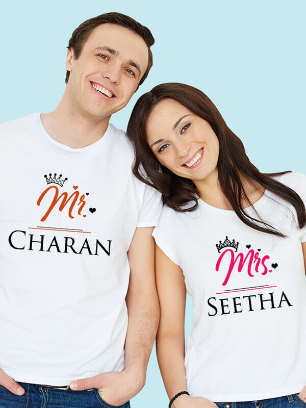 Custom Mr and Mrs with Names On White Color Personalized Couple Tees