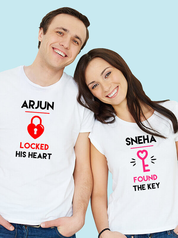 Custom Lock and Key with Names On White Color Couple T-shirts For Men & Women