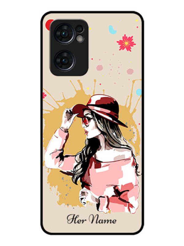 Custom Oppo Reno 7 5G Photo Printing on Glass Case - Women with pink hat Design