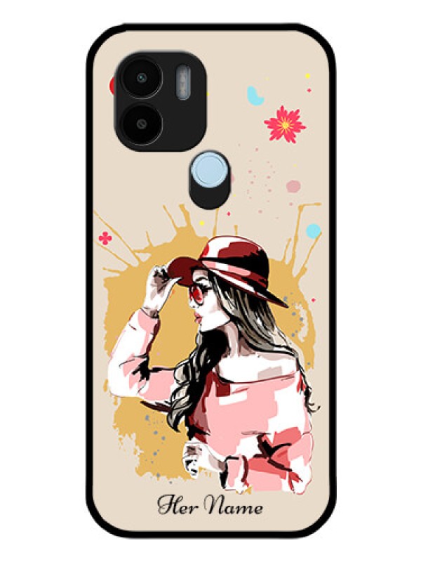 Custom Poco C51 Photo Printing on Glass Case - Women with pink hat Design