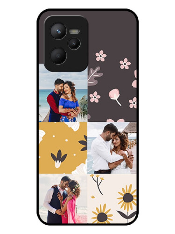 Custom Realme C35 Photo Printing on Glass Case - 3 Images with Floral Design