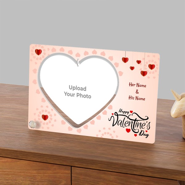 Happy Valentines Day With Custom Names On Heart Shaped Hanging Photo Stand
