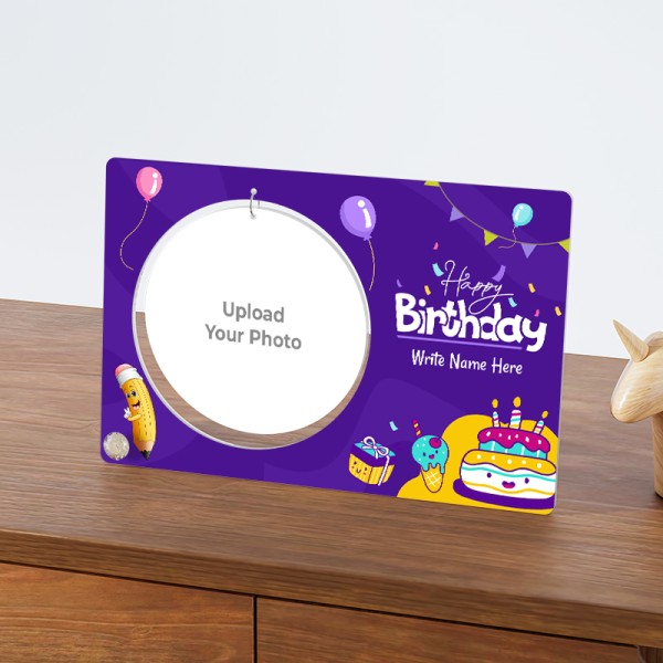 Blue Colored Happy Birthday Wishes In Balloon Decorated Round Shaped Hanging Photo Stand