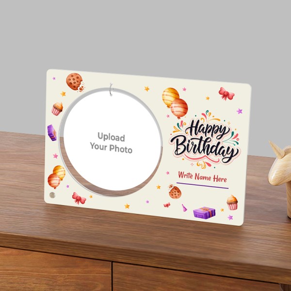 Beige Colored Decorated Hanging Photo Stand With Happy Birthday Wishes On Round Shaped Hanging Photo Stand