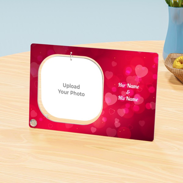 Hearts Love Printed In Background With Squircle Shaped Hanging Photo Stand