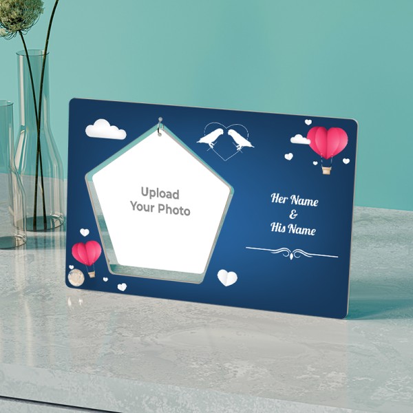 Love Birds With Names On Pentagon Shaped Hanging Photo Stand