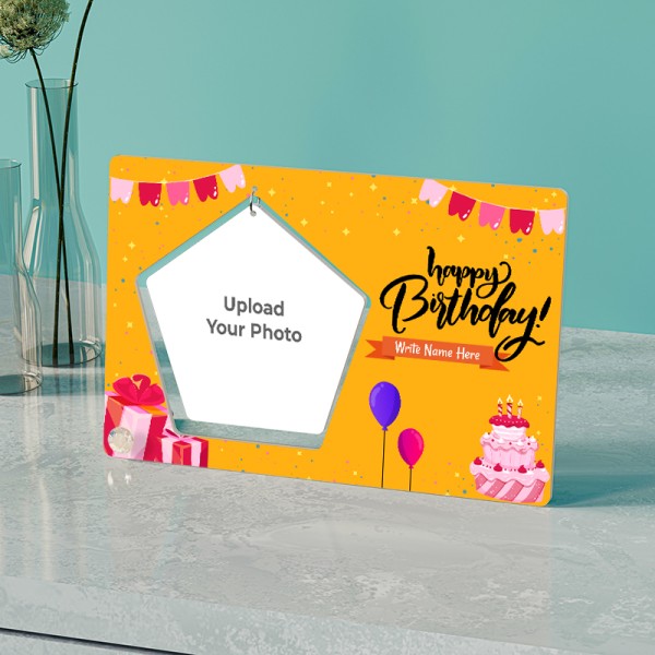Birthday Wishes With Your Text On Decorated Background With Pentagon Shaped Hanging Photo Stand