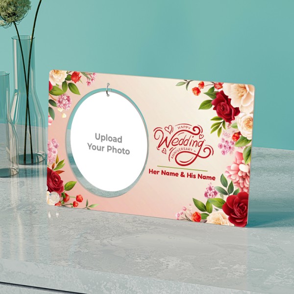 Happy Anniversary With His And Her Names on Oval Shaped Hanging Photo Stand