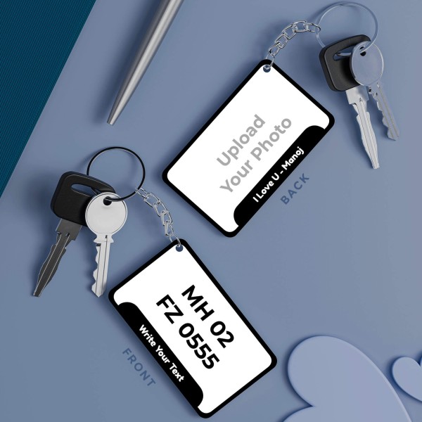 Custom Number Plate Styled Full Picture Upload Design With Text Keychain
