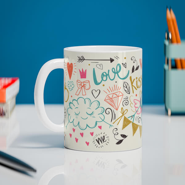 Custom Love, Ring, Kiss, Me & Etc. Pattern Background With Flower Shape Pic Upload Design On Mug