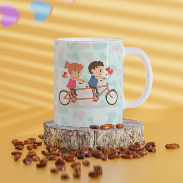 Custom Couple Cycling In Love Symbol Pattern Background Design On Mug