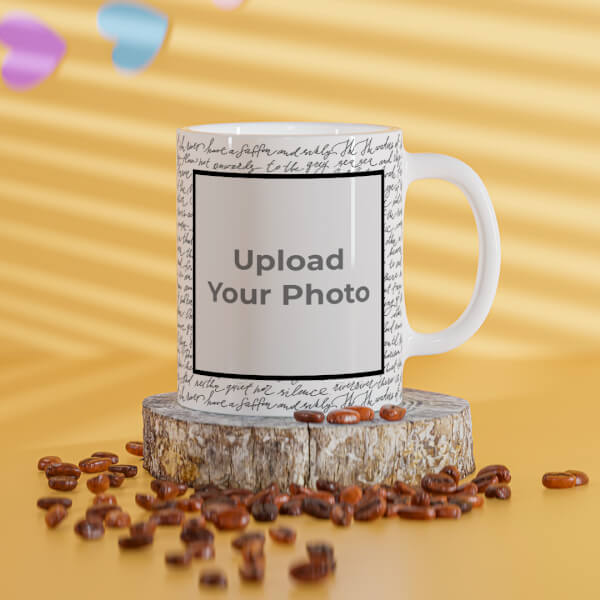 Custom Cursive Writing Background With Square Pic Upload Design On Mug