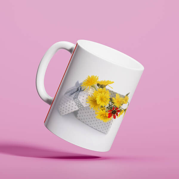 Custom Yellow Color Flowers in Basket Design On Mug