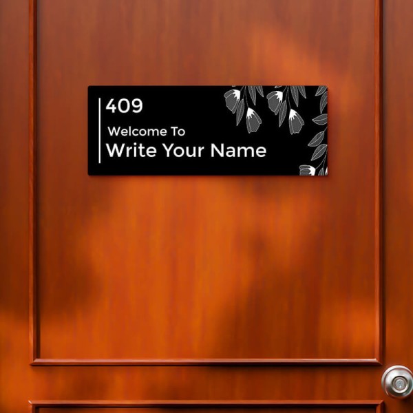 Custom Floral Rectangular Design Black Color Nameplate