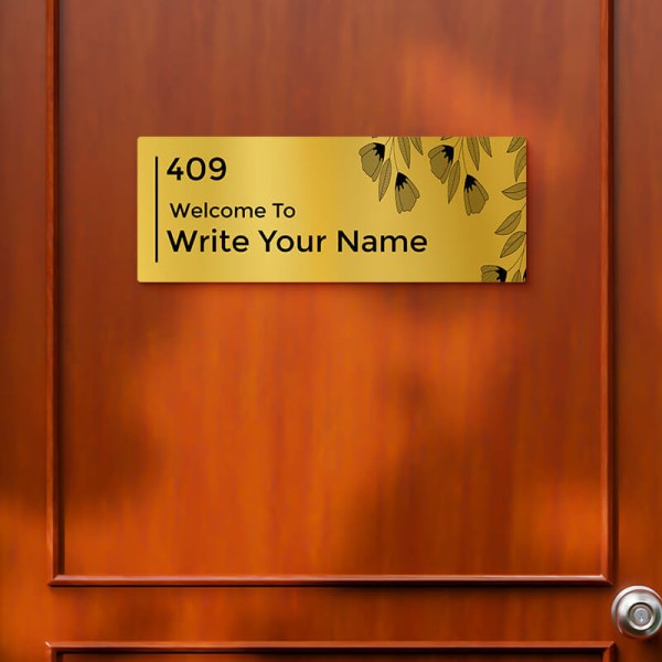 Custom Floral Rectangular Design Gold Color Nameplate