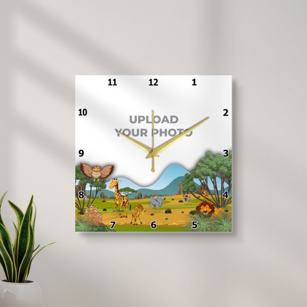 Custom Kids Square Shaped Cartoon Characters Foreground Photo Wall Clock