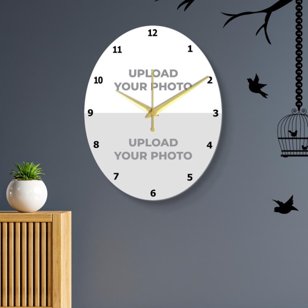 Custom Oval Double Picture Upload Clock Design Photo Wall Clock
