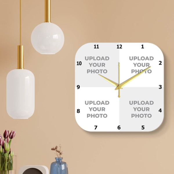 Custom Curved Square Shaped Four Picture Photo Wall Clock