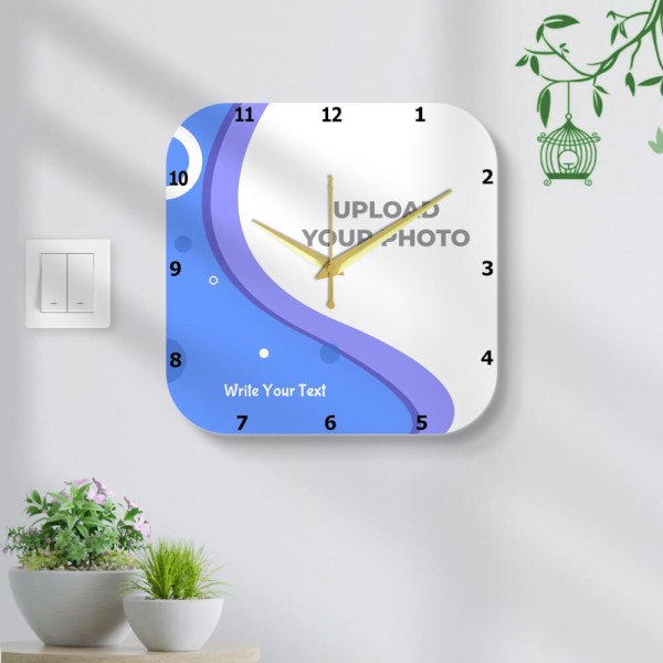 Custom Curved Square Shaped With Text In Wavy Shaped Background Photo Wall Clock
