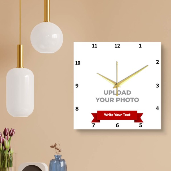 Custom Simple Square Shaped With Text Photo Wall Clock
