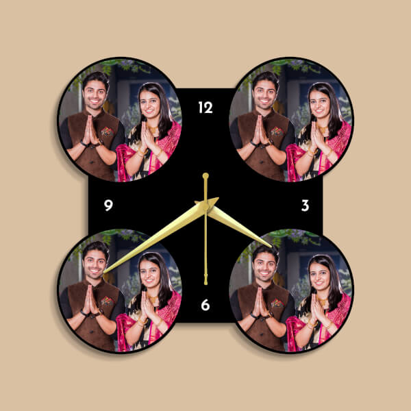 Custom Four pics four circles on square shape with custom color design - Printshoppy Wall Clocks