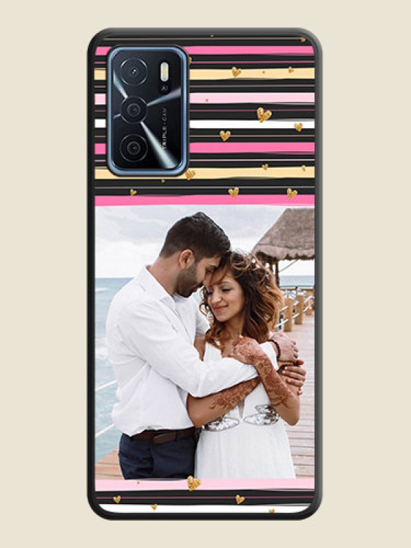 Custom Multicolor Lines and Golden Love Symbols Design on Photo on Space Black Soft Matte Mobile Cover - Oppo A16