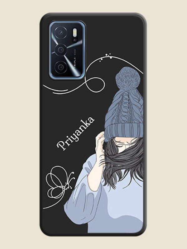 Custom Girl With Blue Winter Outfiit Custom Text Design On Space Black Personalized Soft Matte Phone Covers -Oppo A16