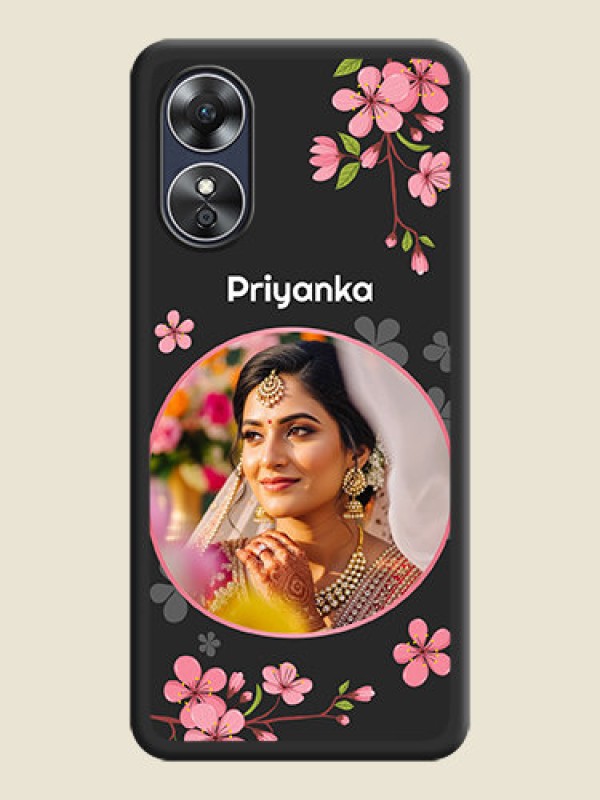 Custom Round Image with Pink Color Floral Design on Photo on Space Black Soft Matte Back Cover - Oppo A17