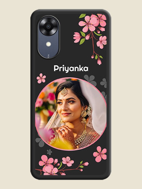 Custom Round Image with Pink Color Floral Design on Photo on Space Black Soft Matte Back Cover - Oppo A17k