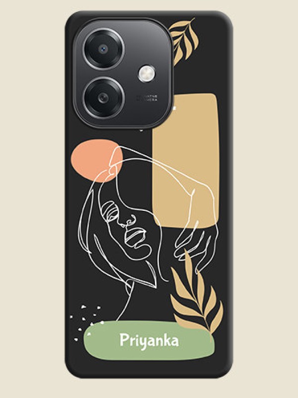 Custom Custom Text With Line Art Of Women & Leaves Design On Space Black Custom Soft Matte Mobile Back Cover - Oppo A3X 5G