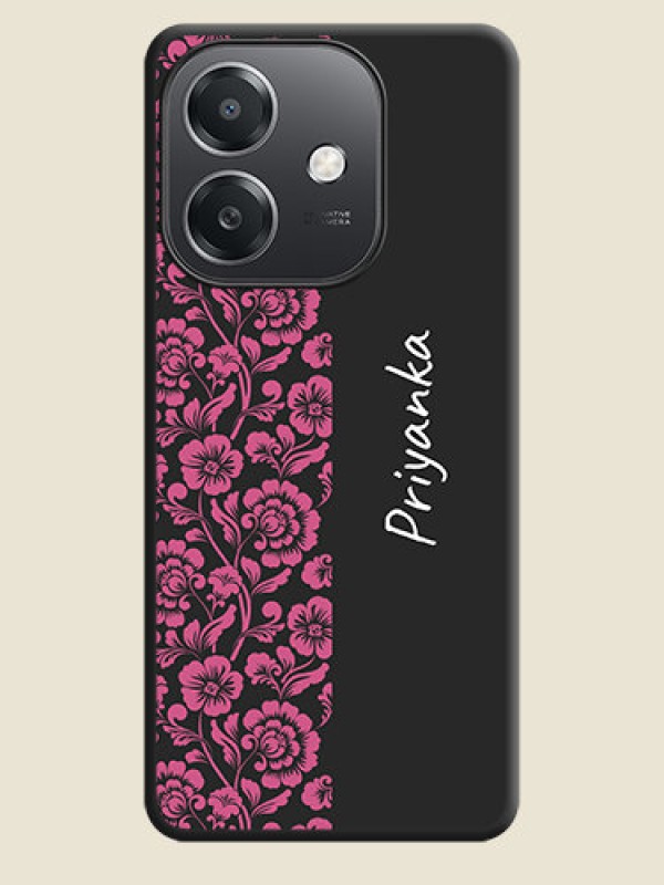 Custom Pink Floral Pattern Design With Custom Text On Space Black Custom Soft Matte Mobile Back Cover - Oppo A3X 5G