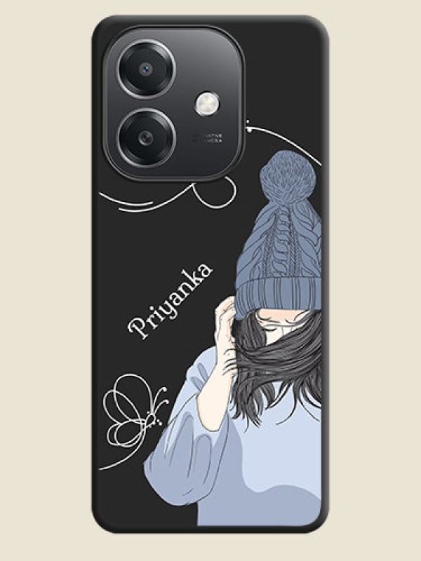 Custom Girl With Blue Winter Outfiit Custom Text Design On Space Black Custom Soft Matte Mobile Back Cover - Oppo A3X 5G
