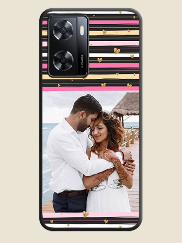 Custom Multicolor Lines and Golden Love Symbols Design on Photo on Space Black Soft Matte Mobile Cover - Oppo A57 2022
