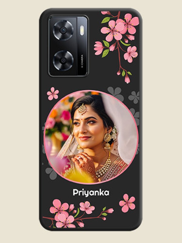 Custom Round Image with Pink Color Floral Design on Photo on Space Black Soft Matte Back Cover - Oppo A57 2022