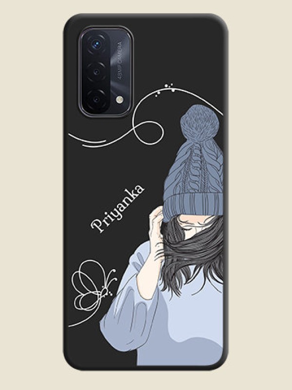 Custom Girl With Blue Winter Outfiit Custom Text Design On Space Black Personalized Soft Matte Phone Covers -Oppo A74 5G