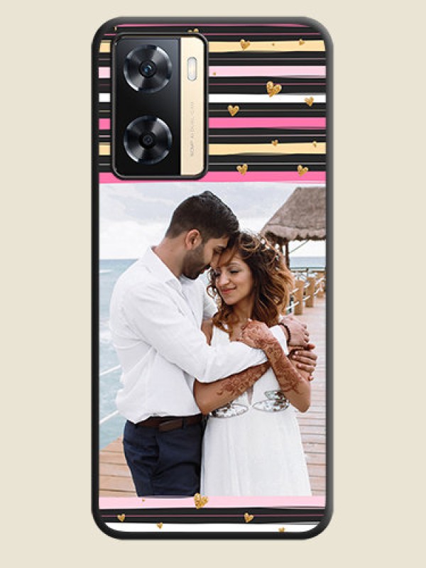 Custom Multicolor Lines and Golden Love Symbols Design on Photo on Space Black Soft Matte Mobile Cover - Oppo A77 4G