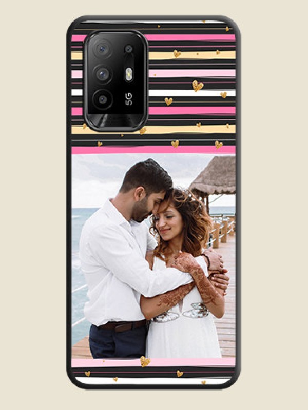 Custom Multicolor Lines and Golden Love Symbols Design on Photo on Space Black Soft Matte Mobile Cover - Oppo F19 Pro Plus 5G