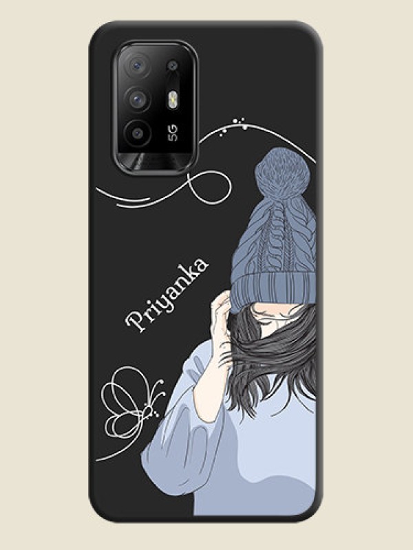 Custom Girl With Blue Winter Outfiit Custom Text Design On Space Black Personalized Soft Matte Phone Covers -Oppo F19 Pro Plus 5G