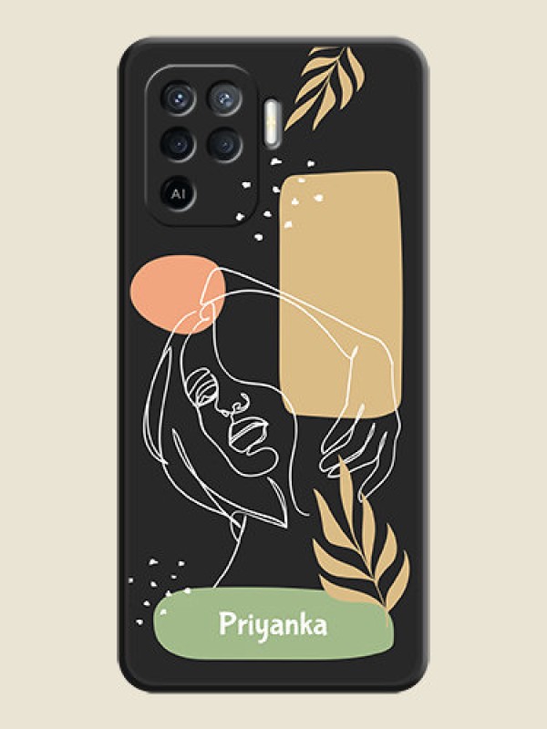 Custom Custom Text With Line Art Of Women & Leaves Design On Space Black Personalized Soft Matte Phone Covers -Oppo F19 Pro